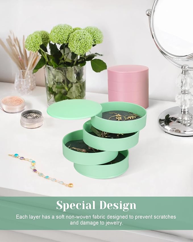 CONBOLA Jewelry Organizer, Small Jewelry Storage Box Earring Holder for Women, 4-Layer Rotating Travel Jewelry Tray Case with Lid for Bracelets Rings Bracelets-CubbioJoy