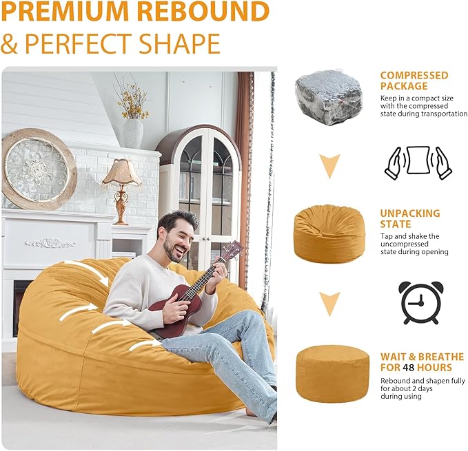 5FT Bean Bag Chair, Large Bean Bag Chairs with Memory Foam Filled, Fluffy Beanbag Sofa with Dutch Velvet Cover, Round BeanBag Chairs for Living Room, Playroom - Mustard-CubbioJoy