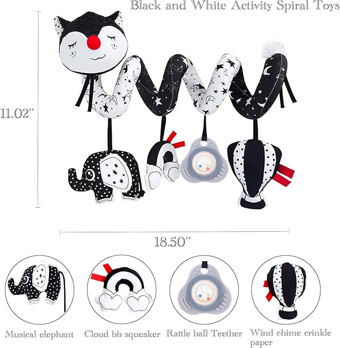 Car Seat Toys, High Contrast Black and White Toy for Infants 0-3 6 12 Months, Musical Black Fox Carseat Toys Stroller Toy for Babies Newborns-CubbioJoy