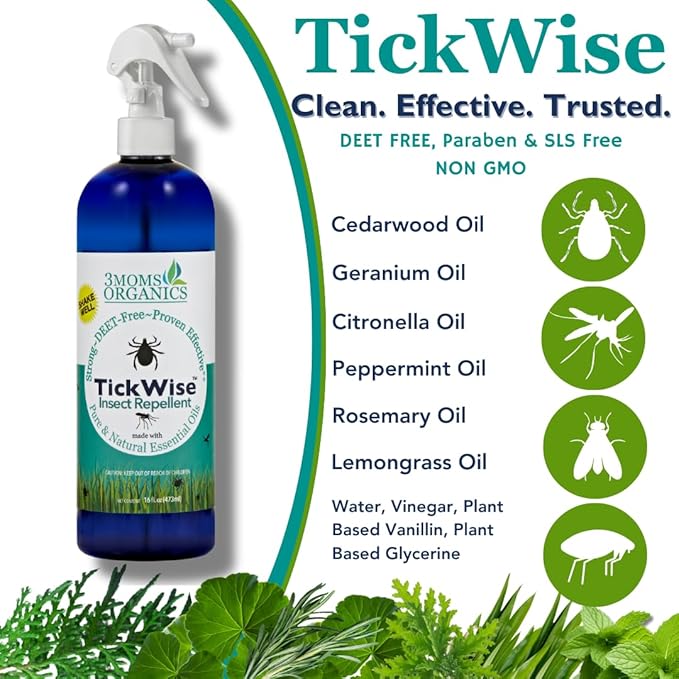 3 Moms Organics TickWise | 16oz Extra Strength, DEET- Free, Tick and Insect Repellent | Plant Based Essential Oils and All Natural Ingredients | Safe for Kids, Adults, Dogs and Horses-CubbioJoy