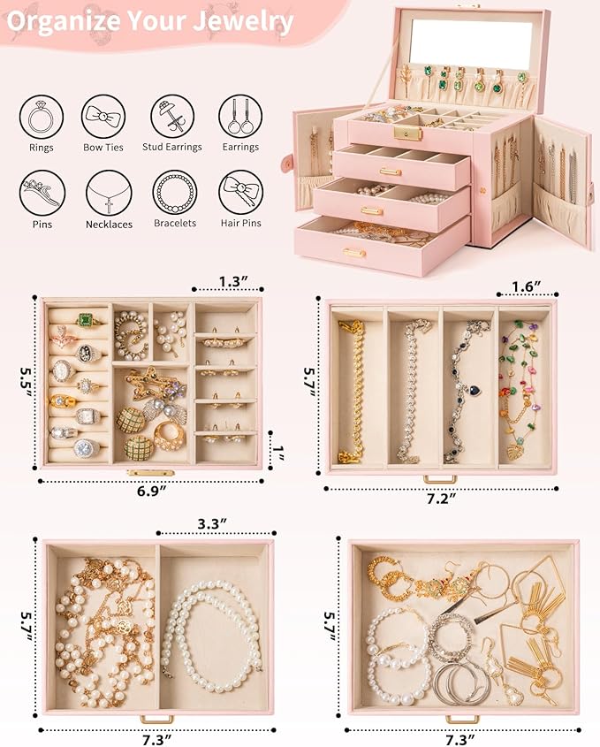 AKOZLIN Large 4-Tier Jewelry Box Leather Jewelry Storage Organizer with 3 Drawers Lockable for Women Girls Ring Necklace Earring Bracelet Watches Holder with Mirror Pink-CubbioJoy