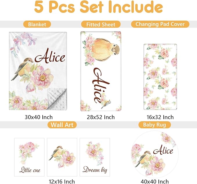 Custom Baby Bedding Set - 5 Pcs Customized Nursery Bedding Set with Name - Comfortable Double Layer Crib Sets for Girls Boys - Personalized Gifts for Infants Toddlers New Parents - Floral Bird-CubbioJoy