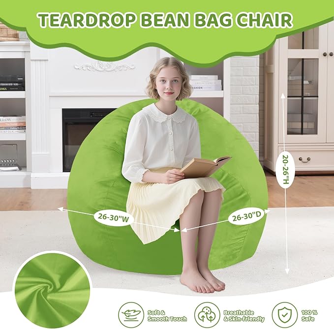 2FT Bean Bag Chair, Comfy Bean Bag Chairs with Memory Foam Filled, Fluffy Beanbag Sofa with Dutch Velvet Cover, Teardrop BeanBag Chairs for Living Room, Playroom - Lime-CubbioJoy