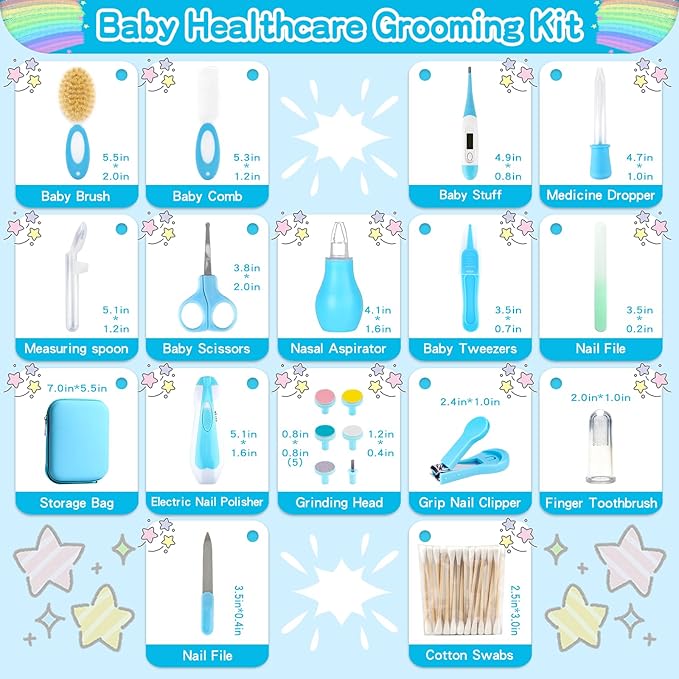 Baby Grooming Kit，Electric Safety Nail Trimmer Baby Nursery Kit，Infant Safety Care Set with Hair Brush Comb Nail Clipper Nasal Aspirator,Baby Essentials Kit for Newborn Girls Boys (21 PC-Blue Kit)-CubbioJoy