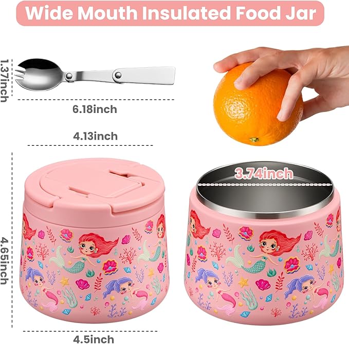 14oz Insulated Vacuum Food Jar with Buckle Lid,Soup Thermo for Hot Food Kids,Wide Mouth Leakproof Stainless Steel Lunch Container with Spoon-Mermaid-CubbioJoy