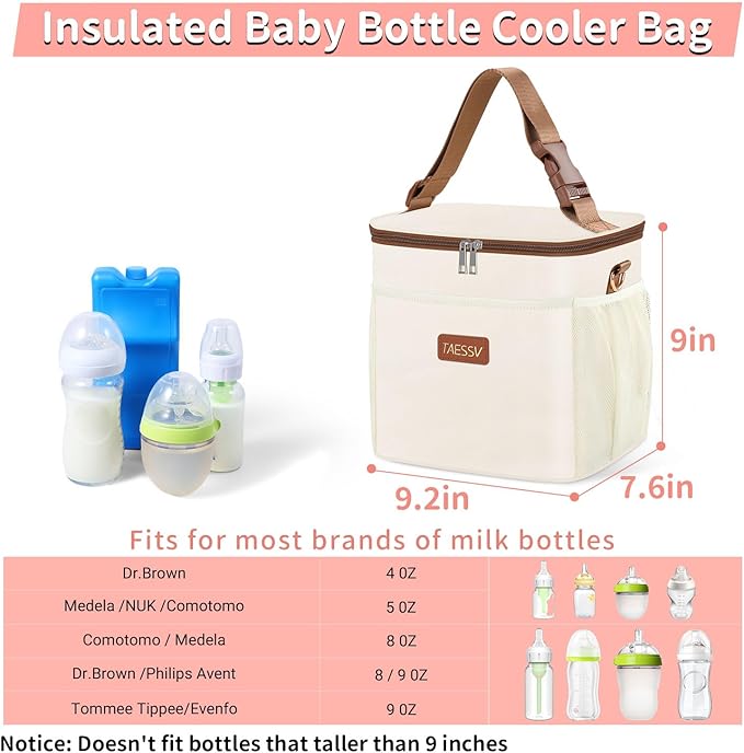 Breastmilk Cooler Bag with Ice Pack - Breast Milk Cooler Travel Bag Fits 6 Bottles Up to 11 Oz Insulated Baby Bottle Cooler Bag Breastmilk Storage Bag Cooler Perfect for Nursing Mom Daycare, Beige-CubbioJoy