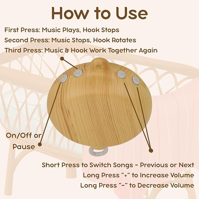 Crib Mobile Motor with Music Box, Baby Mobile for Crib with 12 Classic Lullabies & Rotating Function, Wooden Design Crib Mobile with Music-CubbioJoy