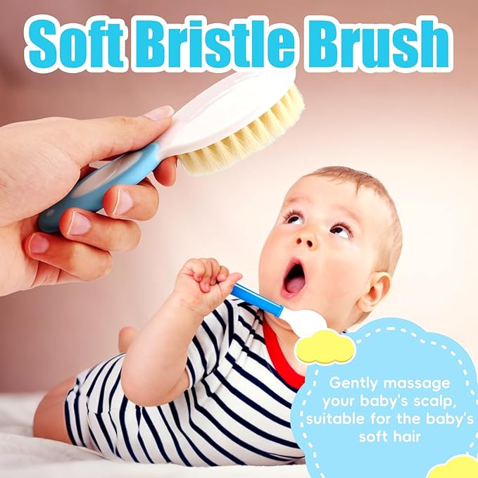 Baby Hair Brush and Comb Set, 4Pcs Baby Soft Bristles Hairbrush Cradle Cap Brush Hair Comb for Newborns Toddlers Boys Girls (Blue)-CubbioJoy