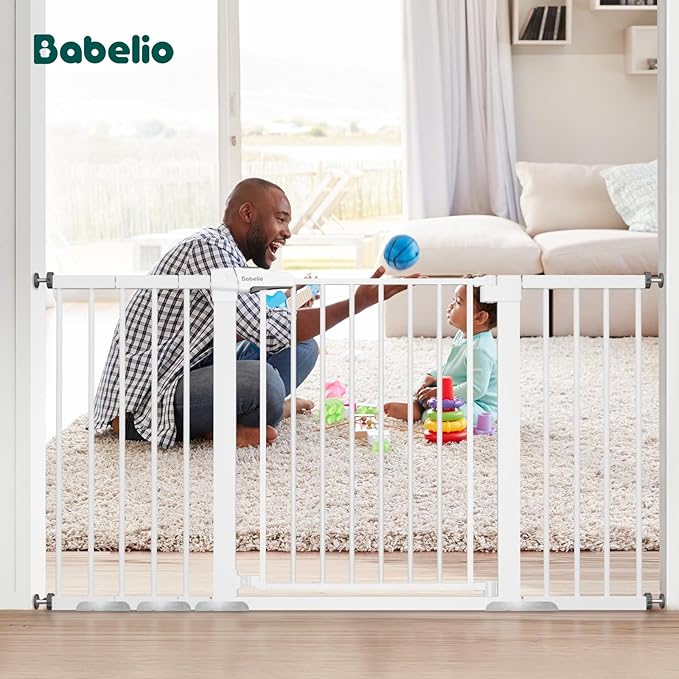BABELIO 29-55 Inch Extra Wide Baby/Dog Gate, Metal Auto Close, Pressure Mounted Pet Door for Doorways, NO Need Tools and Drilling, with Wall Cups, White-CubbioJoy