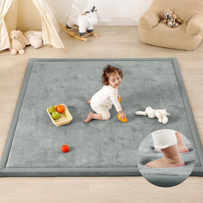 1.3" Thick Baby Play Mat for Floor Playpen, 71x79 Large Foam Tummy Time Mat, Padded Support Soft Plush Nursery Rug for Infant Kids Toddler Crawling Kick Activity (Light Grey)-CubbioJoy