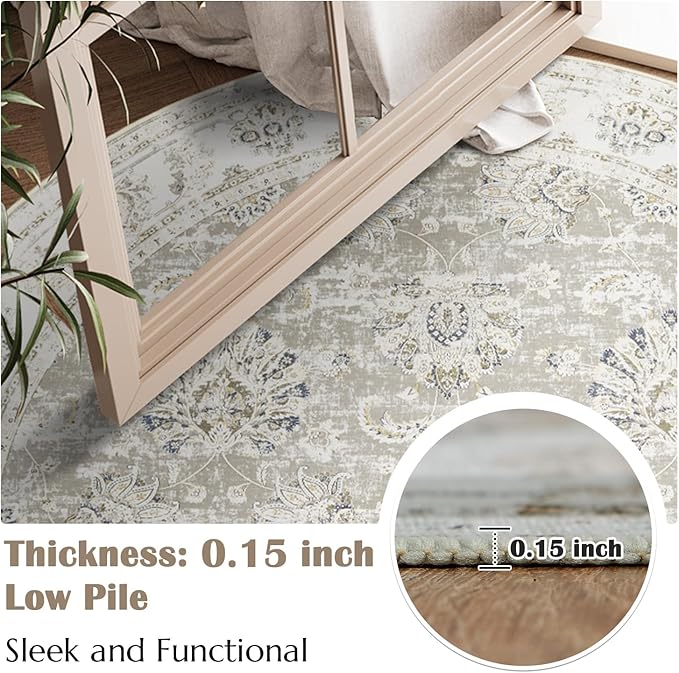 jinchan Round Rug 4ft Area Rugs Vintage Floral Distressed Design - Machine Washable Non-Slip Low-Pile Ultra-Thin Circle Rug for Entryway Bedside Living Room Dining Room Bedroom (4' Round,Taupe)-CubbioJoy