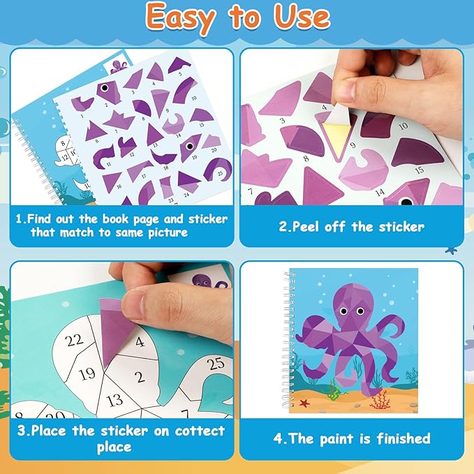 4 Pcs Paint by Sticker Books for Kids Ages 4-8 Sticker by Number Books Activity Book for Kids Ages 3-5 Sticker Puzzle Book Craft Art Toddler Girls Gift with Dinosaur Unicorn Ocean Animal 32 Pictures-CubbioJoy
