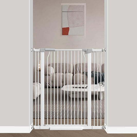 40.5" Extra Tall Baby Gate for Stairs No Drill, 32.6"-40.5" Extra Wide Dog Gate Indoor, Pressure Mounted Metal Safety Child Gate, Cat Puppy Pet Gate for House Doorways Walk Thru, White-CubbioJoy