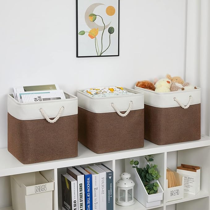 Bidtakay Collapsible Rustic Cube Storage - Brown Cloth Baskets with Handles, 13x13x13 Inch, Set of 3 Fabric Storage Bins-CubbioJoy