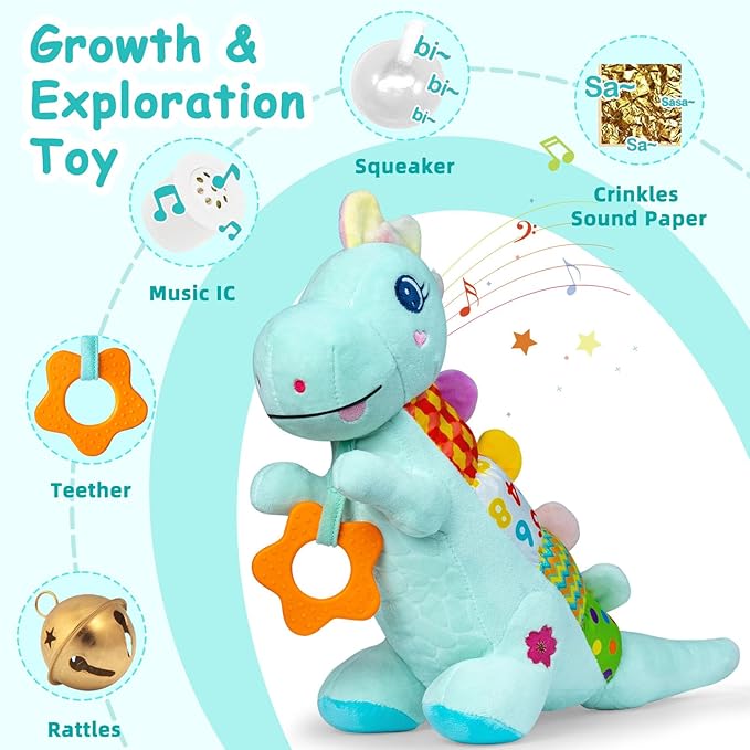 Baby Dino Plush Soft Stuffed Animal Toy for 0-3-6-12+ Months,Infant Musical Toy with Rattle,Squeaker,Sensory Crinkle,Teether & Textures,Tummy Time Toys Christmas Baby Gift for Newborn Girl Boy (Blue)-CubbioJoy