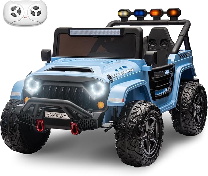 24V 2 Seater Ride On Truck with Remote Control 4WD Electric Car for Kids Ride On Car Battery Powered Ride On Toy Car with Music Player, LED Lights, Bluetooth, Rear Shock Absorber, Gray Blue-CubbioJoy