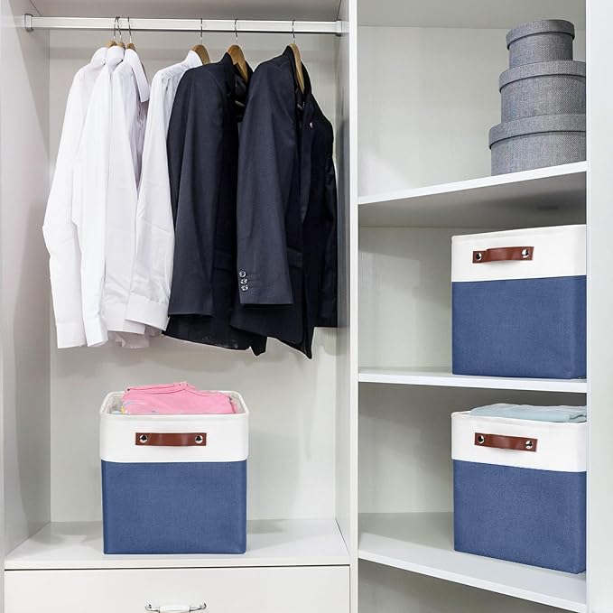 Collapsible Fabric Storage Cubes 11x11 Cube Storage Bins, 4 Pack Closet Baskets Box with Handles for Organizing, Shelf, Toys, Clothes, Home, Office, Nursery (Navyblue&White)-CubbioJoy