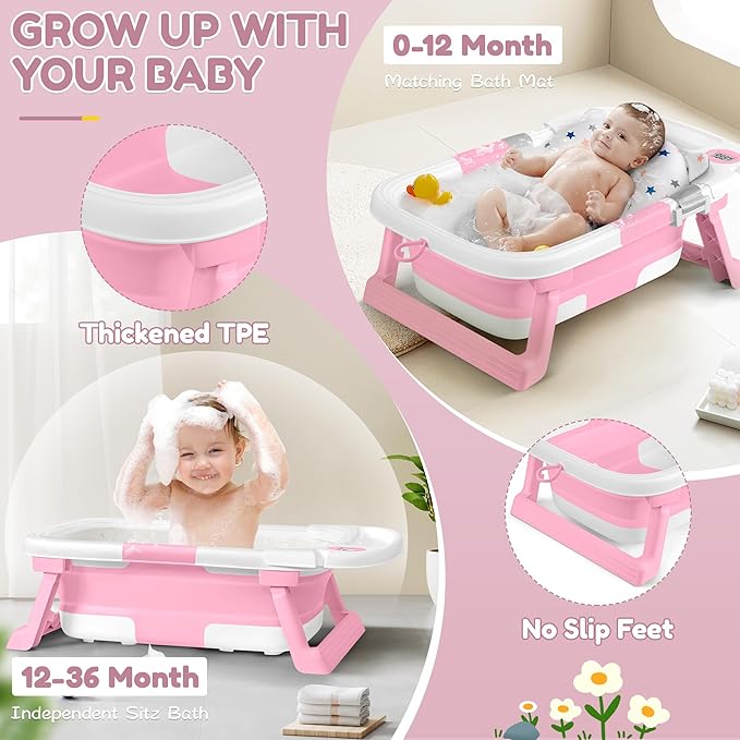 Collapsible Baby Bathtub,Baby Bath Tub with Thermometer & Soft Cushion,Baby Bathtub for Newborn to Toddler 0-36 Months,Portable Travel Baby Tub with No-Slip Feet,Baby Shower Gifts,Pink-CubbioJoy