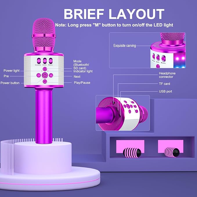 BONAOK Karaoke Microphone for Kids & Adults - Bluetooth Microphones Singing Mic with Disco Lights, Echo Effect, Built-in Speaker Portable Karaoke Player for Party Travel Gifts Q78(Purple)-CubbioJoy