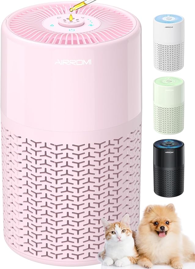 AIRROMI Pets Air Purifier for Home Allergies,Up to 660 ft².Yellow Deodorizing Activated Carbon Filter,With Fragrance Sponge for Better Sleep,Night Light,Pet Dander,Smoke,Odors,Air Cleaner A2002 Pink-CubbioJoy