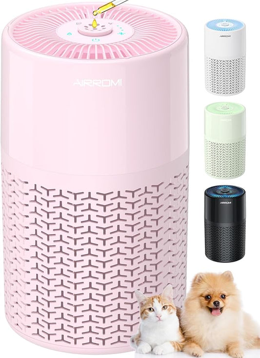 AIRROMI Pets Air Purifier for Home Allergies,Up to 660 ft².Yellow Deodorizing Activated Carbon Filter,With Fragrance Sponge for Better Sleep,Night Light,Pet Dander,Smoke,Odors,Air Cleaner A2002 Pink-CubbioJoy
