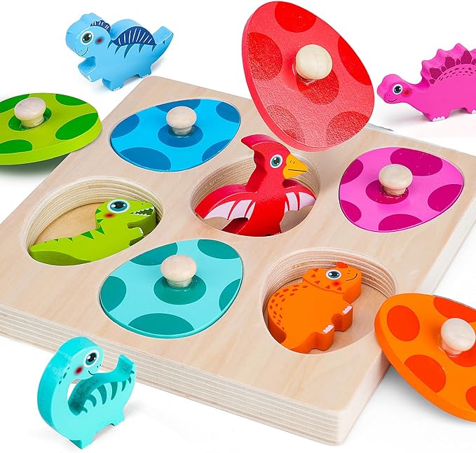Dinosaur Wooden Toddler Puzzle 1-3, Montessori Toys for 1 2 3 Year Old, Dinosaur Eggs Peg Puzzles, Kid Wooden Puzzles Ages 2-4, Dinosaur Toy for Toddler Kid, Preschool Education Learning Toys-CubbioJoy