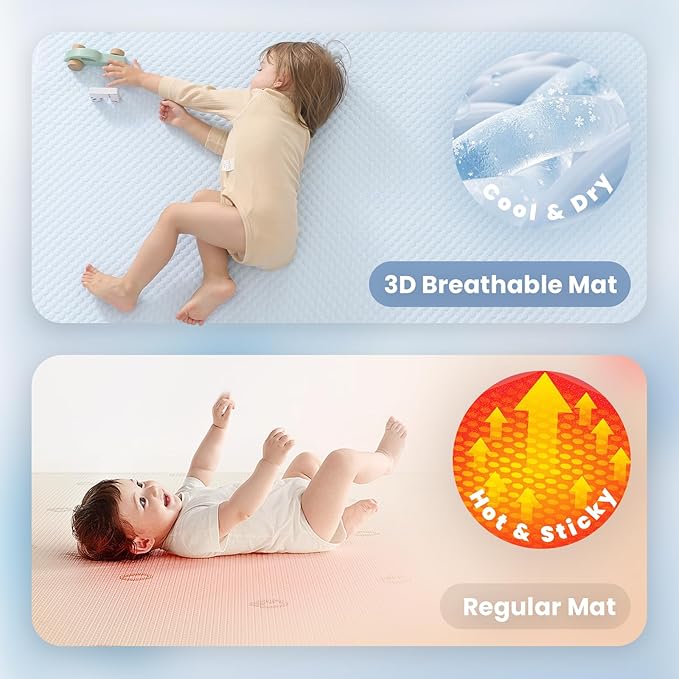 Baby Play Mat for Summer,1.3 Thick Memory Foam Cooling Floor Tummy Time Mat, Soft & Breathable, Non-Slip Rectangular for Toddlers’ Playtime & Rest(Light Blue,59"x79")-CubbioJoy