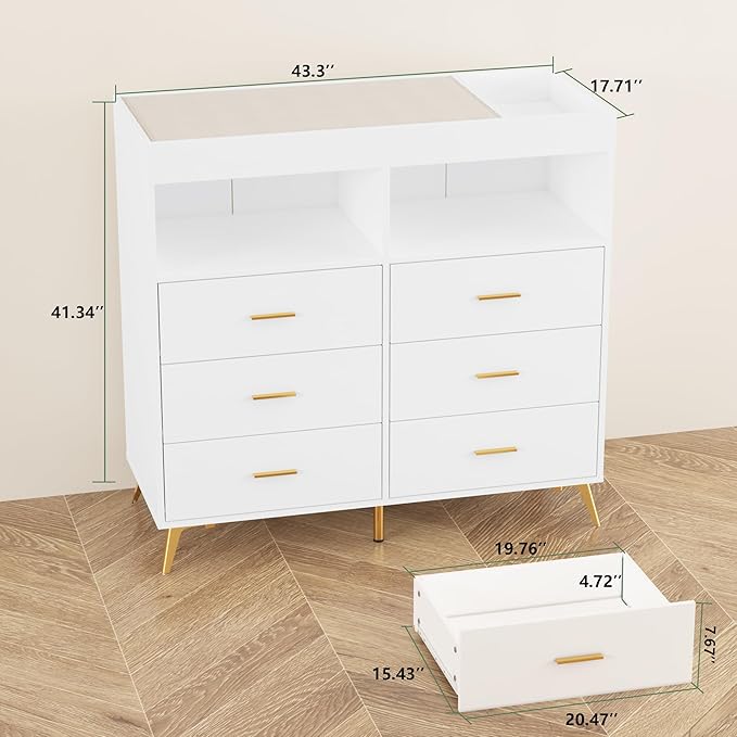 Changing Table Dresser with Drawers, Baby Dresser with Changing Table Top, Power Outlet, LED Light & Metal Feet, Diaper Changing Station Nursery Organizer for Infants Newborn, White-CubbioJoy