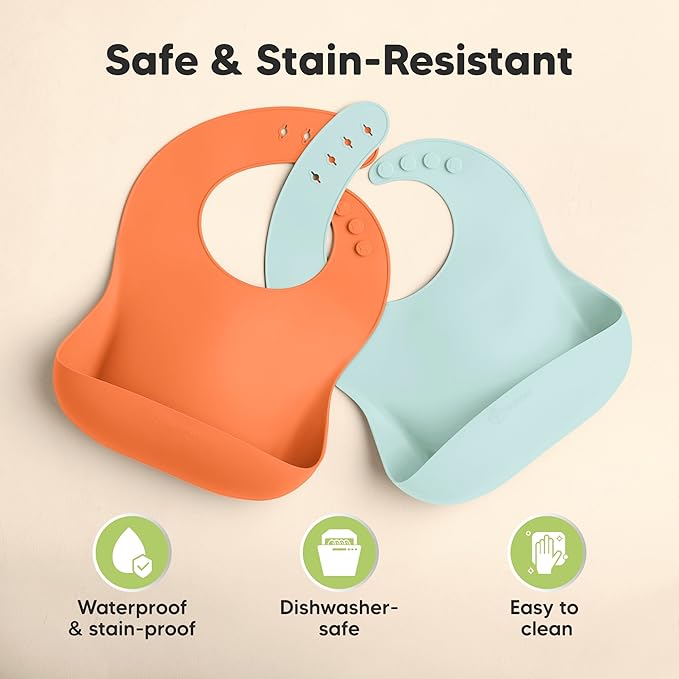 KeaBabies 2-Pack Silicone Baby Bibs for Eating - Sturdy Food-Grade Silicone Bibs for Babies Girl, Boy, Large Food Catcher, Clean & Put On Easily, Waterproof Toddler Feeding Essentials (Amaze)-CubbioJoy