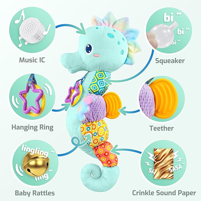 Sumobaby Infant Baby Musical Stuffed Animal Activity Soft Toys with Multi-Sensory Crinkle, Rattle and Textures, for Tummy Time Newborn 0-3-6-12 Months Boys, Girls, Seahorses, Blue-CubbioJoy