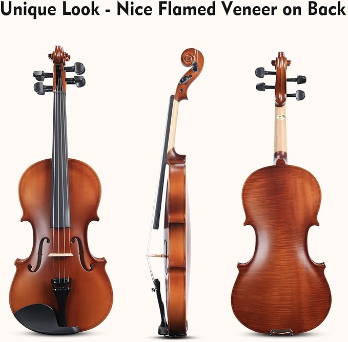 ADM 4/4 Full Size Wood Violin Set for Kids Teens Students Adults Beginner Acoustic Violin Matte Fiddle Starter Kit with Hard Case, Rosin, Shoulder Rest, Bow, Clip-on Tuner and Fingerboard Sticker-CubbioJoy