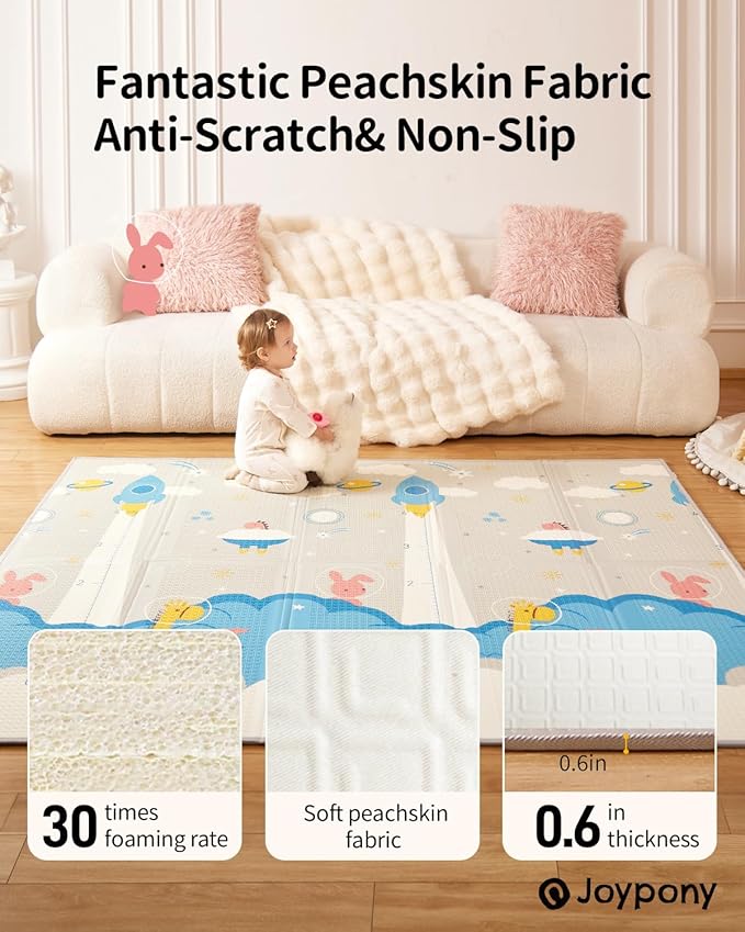 Baby Play Mat 79x71x0.6 inches, Fabric Cloth Surface Extra Large & Thick Foldable Play Mats for Baby Girls Boys, Waterproof & Anti-Slip Portable Baby Floor Mat for Tummy Time with Travel Bag-CubbioJoy