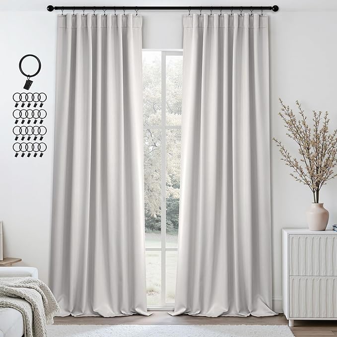 ANRODUO Back Tab Blackout Curtains for Bedroom Living Room, Rod Pocket Pinch Pleated Thermal Insulated Room Darkening Curtains 96 Inches Long 2 Panels, Greyish White, 42 x 96 Inch-CubbioJoy