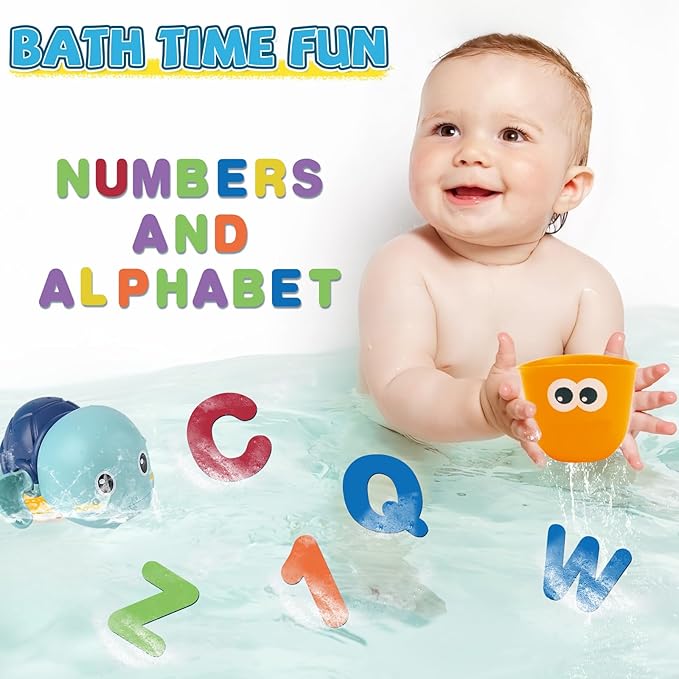 Baby Bath Toys for Toddlers 1-3, Kid Bathtub Toy with 36 Foam Bath Letter & Number, Fishing Games with Fish Net, Water Pool Toy with Storage Bag, Shower Toy Gift for Boy Girl Infant 1 2 3 4 5 6-CubbioJoy