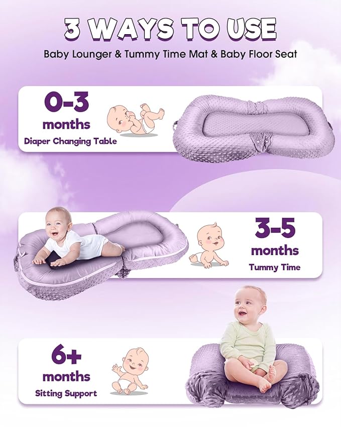 Baby Lounger Pillow 3-in-1 Infant Lounger Pillow for Newborn 0-24 Months, Portable Tummy Time Mat for Home and Travel, Breathable & Soft Baby Seat for Baby-CubbioJoy