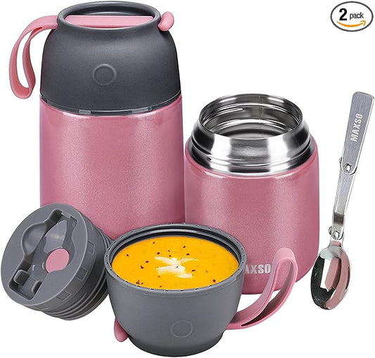 Insulated Thermo Food Jar for Hot & Cold Food for Kids Adult, 17&24 oz Soup Thermal Hot Food Containers for Lunch, Triple Layer Insulation Stainless Steel Food Jar with Spoon (2 Pack Pink)-CubbioJoy