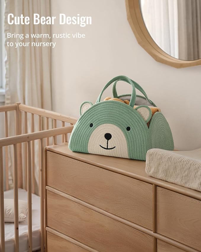 Blissful Diary Baby Diaper Caddy Organizer, Cotton Rope Diaper Caddy Basket, Large Storage Basket, Gift for Baby Shower, Newborn Essentials, Bear Roman Green-CubbioJoy