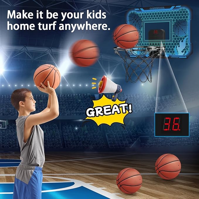 Indoor Basketball Hoop for Kids with Led Lights Mini Basketball Hoop with Remote Control Over The Door Basketball Hoops with Scoreboard Basketball Toys for 4-12 Year Old Boys Girls-CubbioJoy