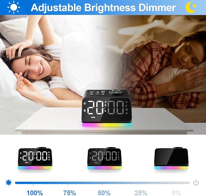 JALL Digital Alarm Clock with FM Radio for Bedroom, 8 Colors Night Light with Charging Port, Sleep Sound Machines with Timer, Dual Alarm (Black with RGB Font)-CubbioJoy