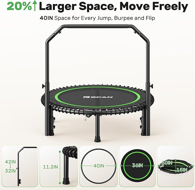 BCAN 40"/48" Mini Rebounder Trampoline for Adults with Bar, 450/550LBS Fitness Trampoline with Bungees, Adjustable Handle, Stable & Quiet, Indoor Outdoor, Whole-Body Workout & Relaxation at Home-CubbioJoy