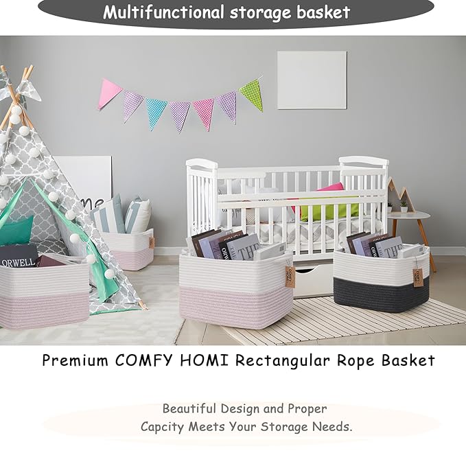COMFY-HOMI 3PACK Cotton Rope Square baske with Handles for Shelves|Dog Toy baske Bin and Storage|Baby baske for Gift|Shoe baske for Organizing|13.5" x 11" x 9.5" for Living Room（White/Pink）-CubbioJoy