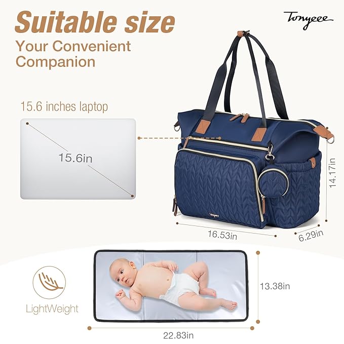 Diaper Bag Tote, Large Baby Diaper Bags Waterproof, Hospital Bag for Labor Delivery with Pacifier Case, Changing Pad, Shoulder Strap, Dark Blue-CubbioJoy