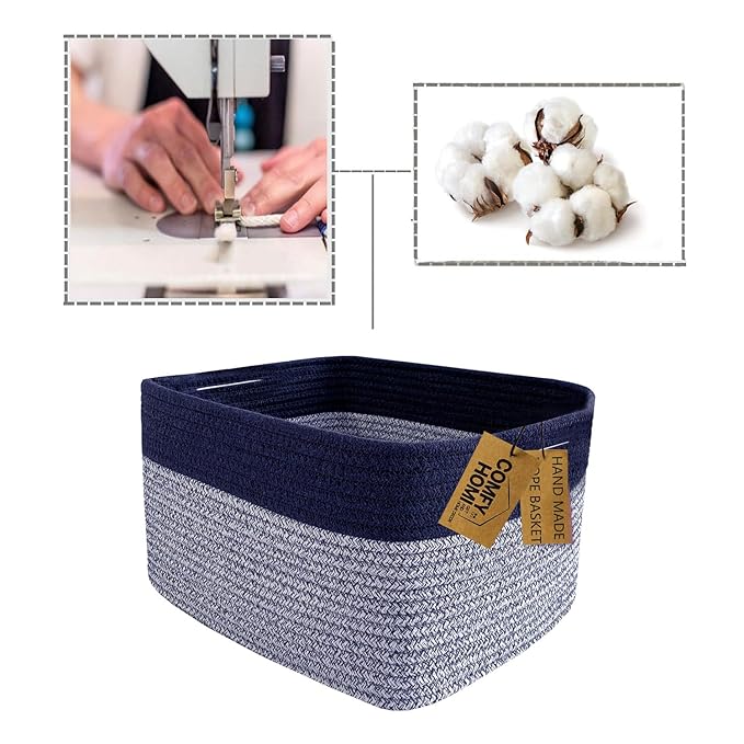 COMFY-HOMI 3PACK Rectangular Cotton Rope Basket With Handles for Shelves|Dog Toy|Baby Gift - Dark Blue (13.5" x 11" x 9.5")-CubbioJoy