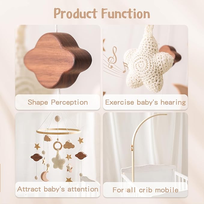 Baby Crib Mobile with Arm Boho Star Moon Nursery Mobile Set Wooden Baby Mobile Holder for Hanging Nursery Decor Ceiling Mobile-CubbioJoy