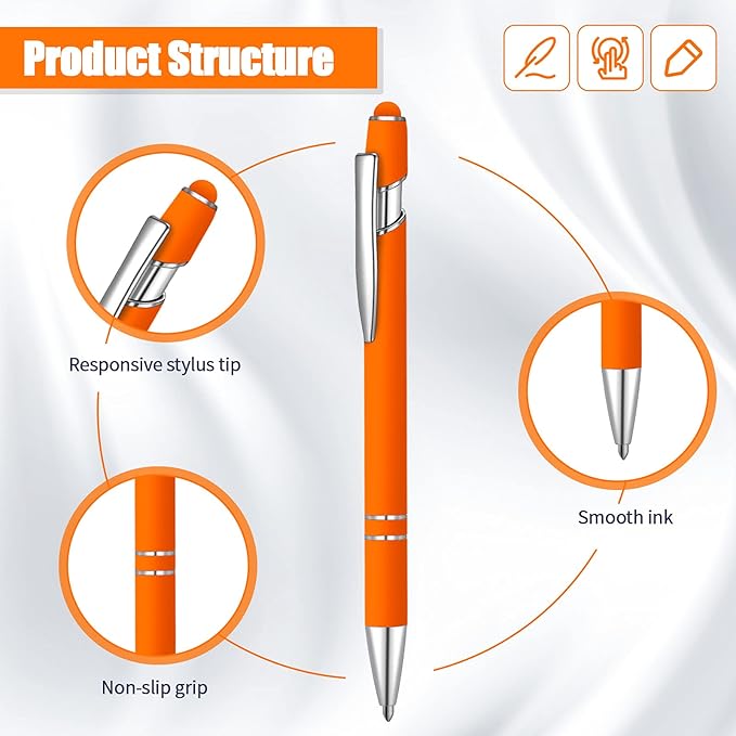 8 Pieces Ballpoint Pen with Stylus Tip Black Ink 2 in 1 Stylus Metal 1.0 mm Medium Point Smooth Pen Rainbow Colorful Rubberized Ballpoint for Touch Screen Tablet(Orange)-CubbioJoy
