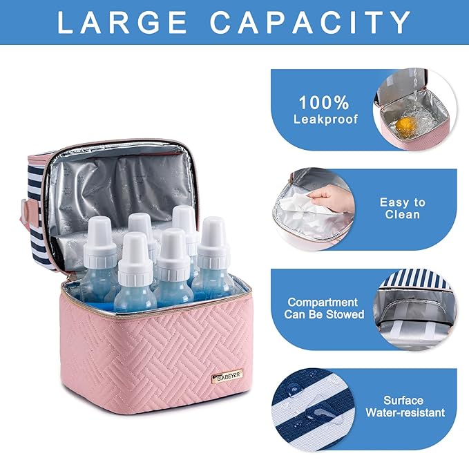 Breastmilk Cooler Bag with Ice Pack Fits 6 Baby Bottles up to 9 Ounce, Breast Milk Pump Cooler Bag with Shoulder Strap for Nursing Mom Daycare, Work, Travel- Straps-CubbioJoy