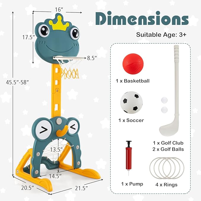 Costzon Toddler Basketball Hoop, 4-in-1 Kids Sports Activity Center with Rim, Soccer Goal, Golf, Ring Toss, Height Adjustable Kids Basketball Hoop with Fillable Base for Indoor Outdoor (Green Frog)-CubbioJoy