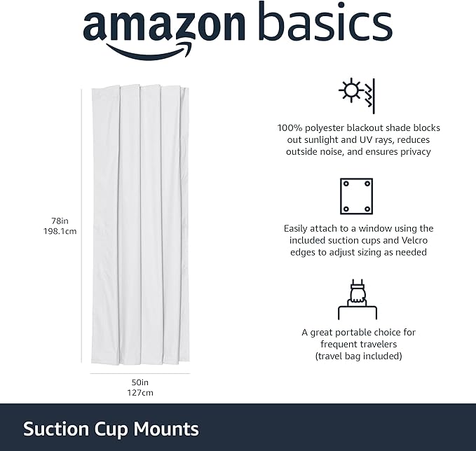 Amazon Basics Portable Blackout Curtain Shade with Suction Cups, 50"W x 78"L, 1 Pack, White-CubbioJoy