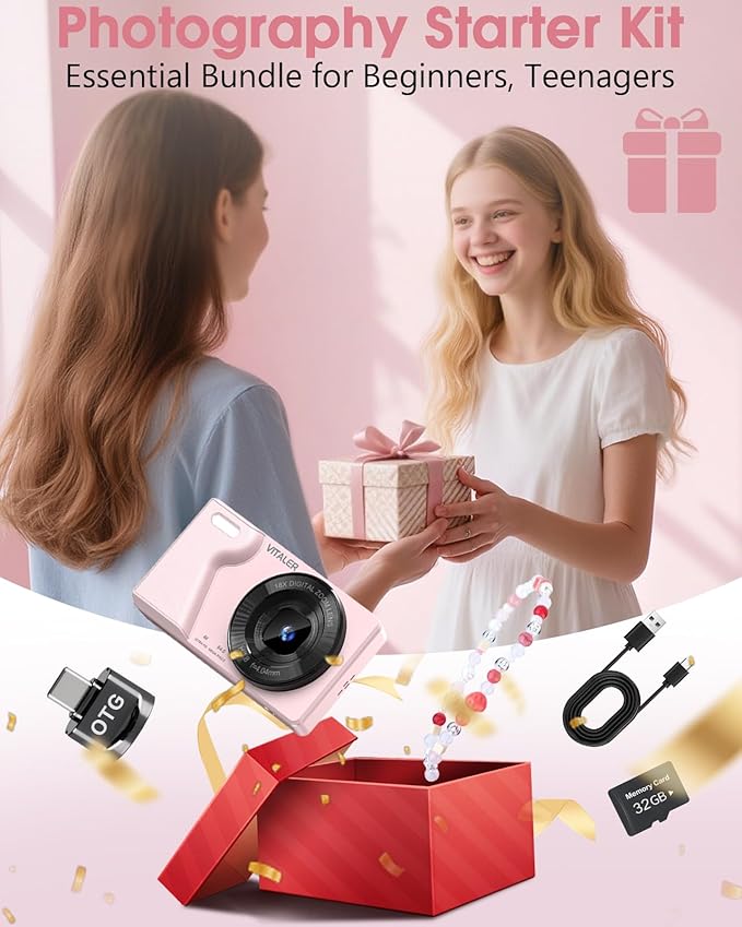 Digital Camera with Front Rear Lens, Autofocus 64MP 4K Camera for Photography with 32GB Card, Portable Compact Point and Shoot Camera for Teens Adult Beginner with Metal Shell, 2000mAh Battery-CubbioJoy