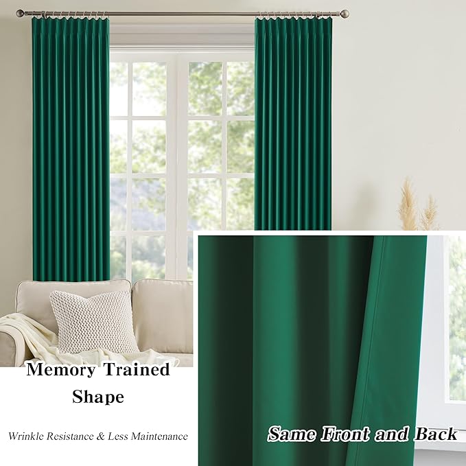 KEQIAOSUOCAI Emerald Hunter Green Curtains 102 Inches Long 2 Panels Set, Custom Viral Pleat Curtain with Hooks, Pinch Pleated Drapes for Living Room Bedroom,40 Wide x 102 Inch Lenth-CubbioJoy
